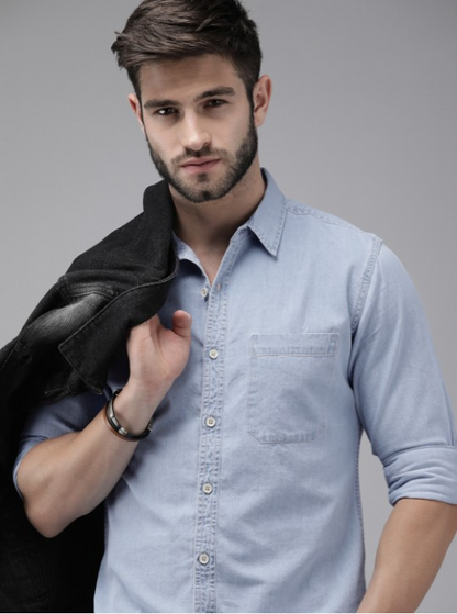 The Lifestyle Co Men Light Blue Solid Regular Fit Chambray Formal Shirt