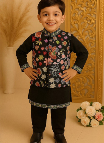 Boys Floral Printed Regular Kurta with Pyjama