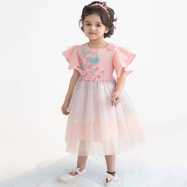 Butterfly Applique Detailed Stars Foil Printed Dress