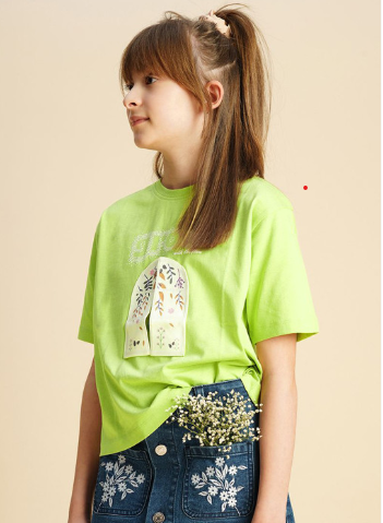 Girls Printed Drop-Shoulder Sleeves Pockets T-shirt