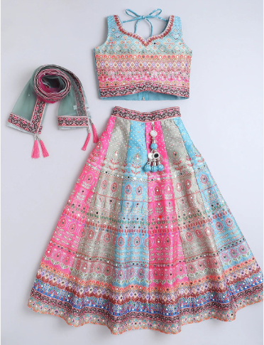 Girls Printed Mirror Work Sweetheart Neck Art Silk Lehenga With Blouse And Dupatta