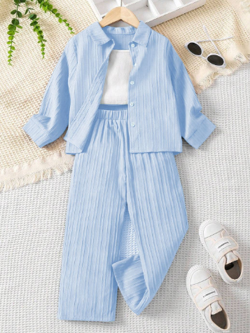 Girls Striped Shirt Collar Shirt With Top & Trouser