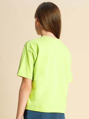 Girls Printed Drop-Shoulder Sleeves Pockets T-shirt