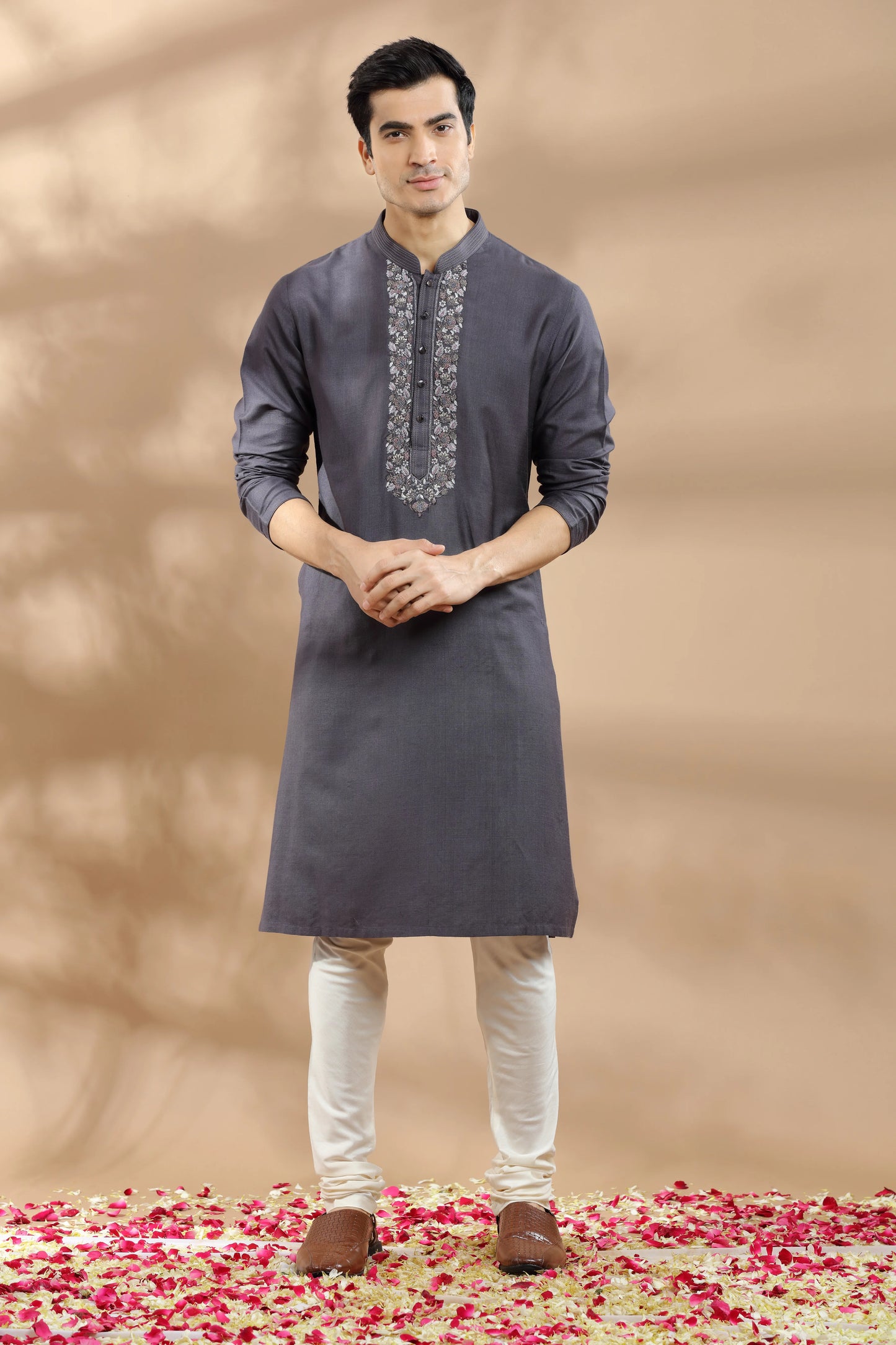 Grey Silk kurta with Hand Embroidered