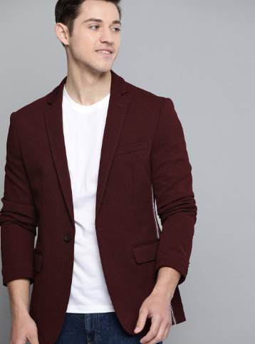 Men Burgundy Regular Fit Solid Single-Breasted Casual Blazer