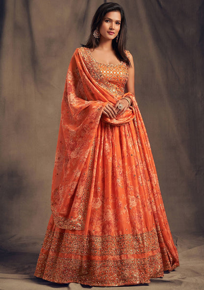 Floral Printed Orange Lehenga Choli In Organza
