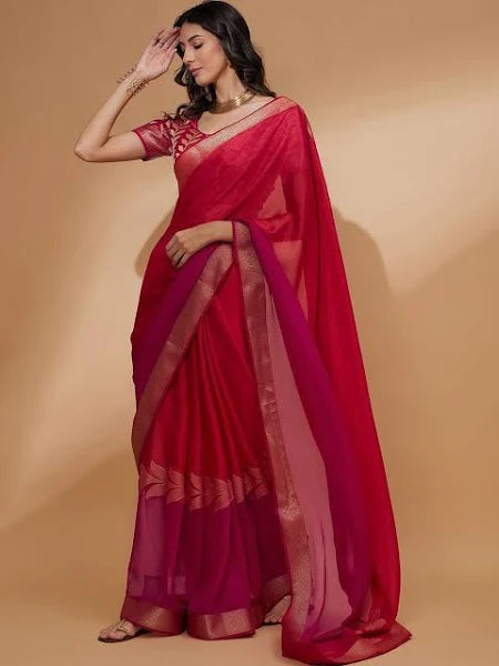 Pink Floral Woven Design Pure Chiffon Saree