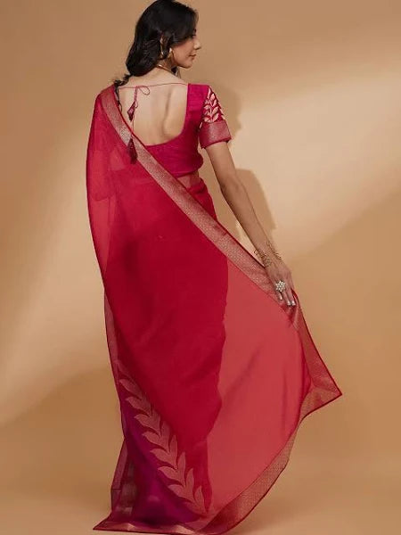 Pink Floral Woven Design Pure Chiffon Saree
