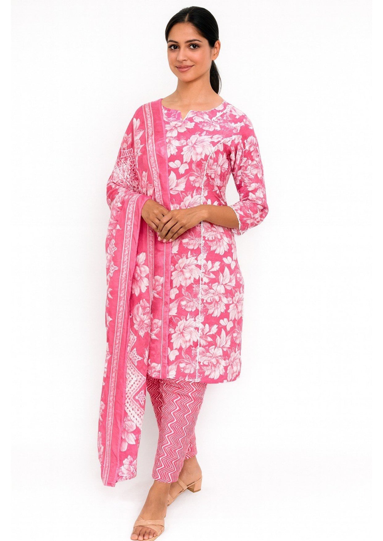 Floral Cotton Straight Fit Women's Kurta Pant Dupatta Set