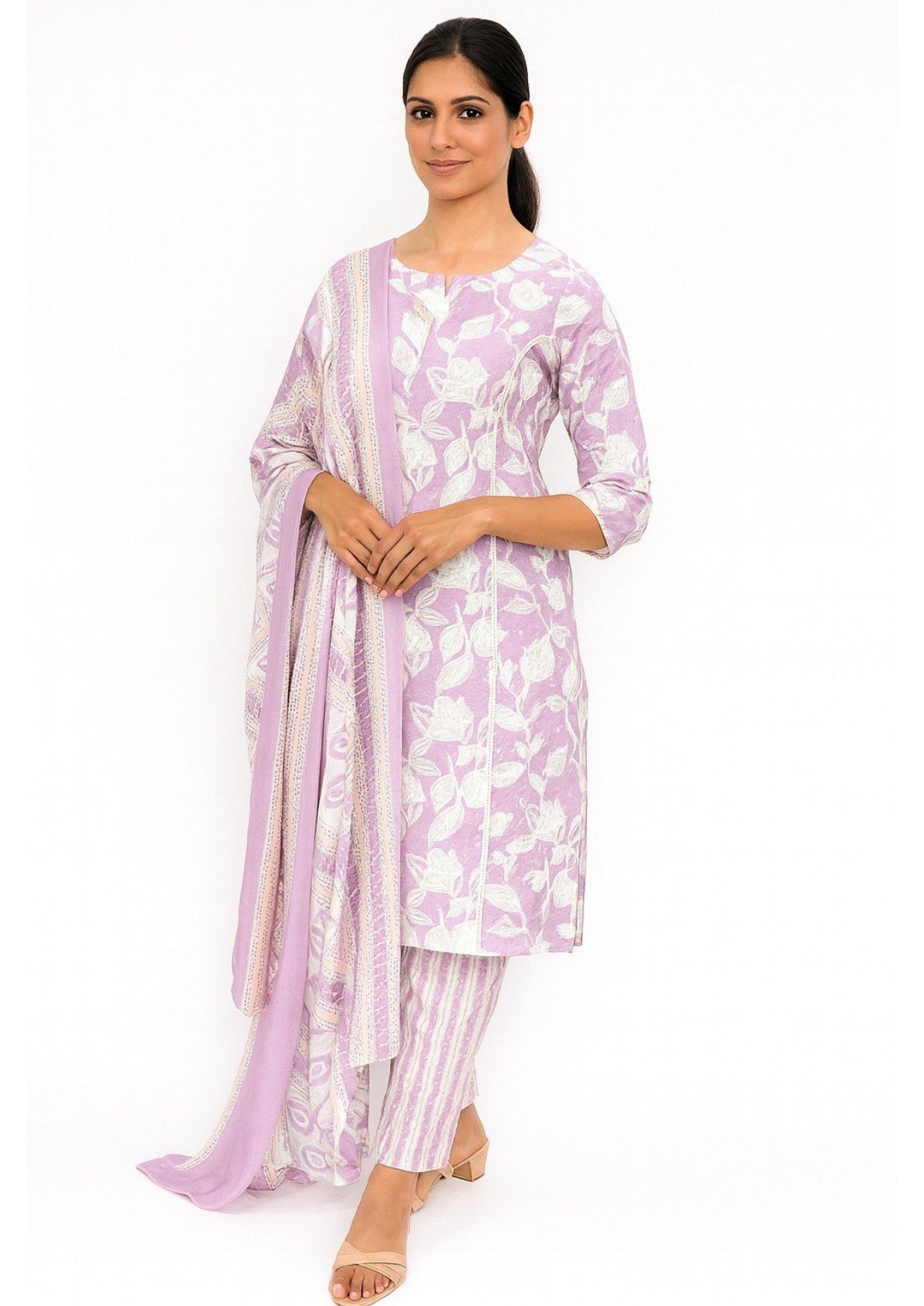 Floral Cotton Straight Fit Women's Kurta Pant Dupatta Set
