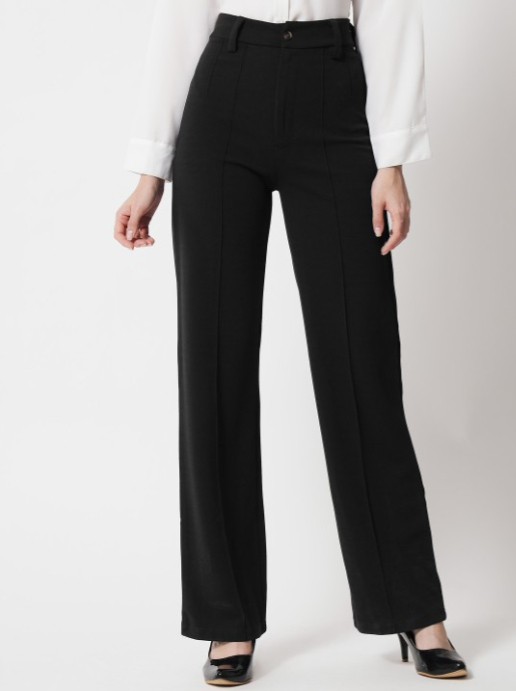 Women Black Relaxed Straight Fit High-Rise Easy Wash Trousers