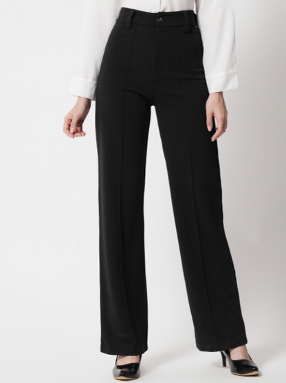 Women Black Relaxed Straight Fit High-Rise Easy Wash Trousers