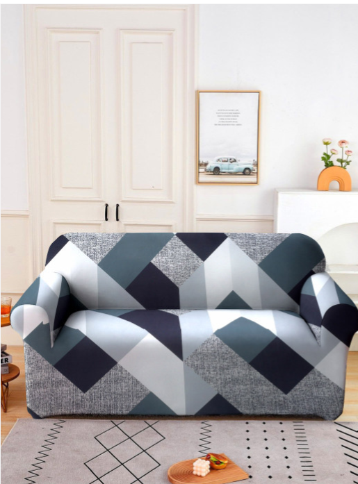 Geometric Print Black Polyester Straight 2 Seater Sofa Cover-57x73In