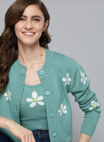 Women Green & White Floral Printed Cardigan with Cami Crop Winter Top