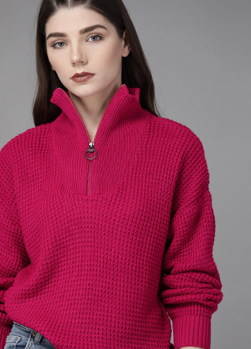 Women Pink Self Design Sweater