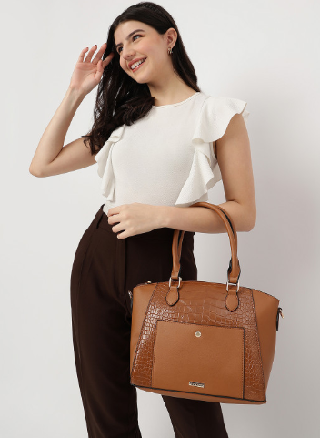 Women Tan Croco Structured Satchel with Detachable Sling Strap Fits Upto 11" iPad