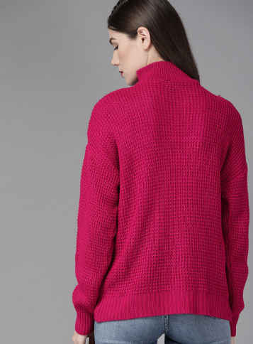 Women Pink Self Design Sweater
